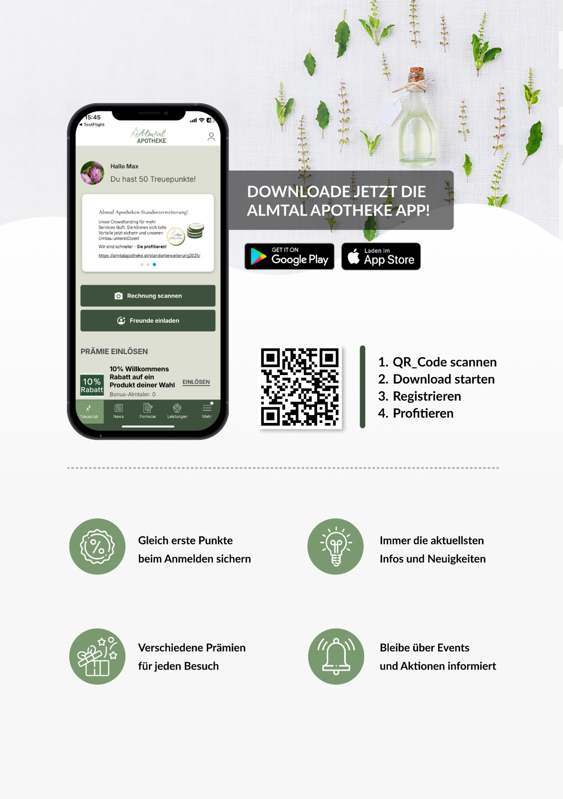 App Almtaler App Infos<br />
QR Code scannen<br />
Download starten<br />
Registrieren<br />
Profitieren